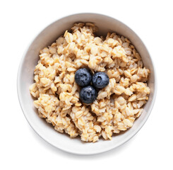 Bowl with tasty sweet oatmeal on white background