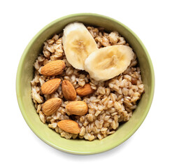 Bowl with tasty sweet oatmeal on white background