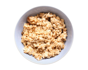 Bowl with tasty oatmeal on white background