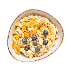 Bowl with tasty sweet oatmeal on white background