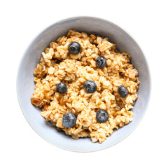 Bowl with tasty sweet oatmeal on white background