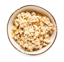 Bowl with tasty oatmeal on white background