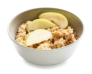 Bowl with tasty sweet oatmeal on white background