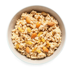 Bowl with tasty sweet oatmeal on white background