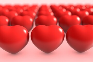 Group of Red rubber Valentines heart massing in production line factory on pink background. Holiday and affection love concept passion. Greeting card and celebration theme. 3D illustration