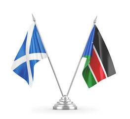 South Sudan and Scotland table flags isolated on white 3D rendering