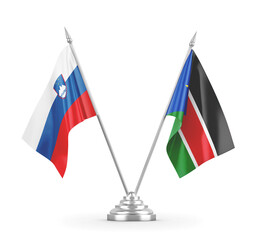 South Sudan and Slovenia table flags isolated on white 3D rendering