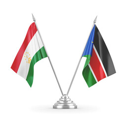 South Sudan and Tajikistan table flags isolated on white 3D rendering