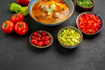 front view tasty meat soup with fresh vegetables on the dark floor dish food photo