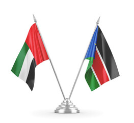 South Sudan and United Arab Emirates table flags isolated on white 3D rendering