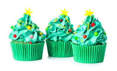 Tasty Christmas cupcakes on white background