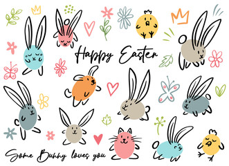 Cartoon doodle happy Easter sign, egg, some bunny loves you, chicken, cat, dog, flowers, crown, leaves. Vector doodle illustration. Black outline bunny ears. Cute easter funny hand drawn sketch.