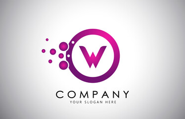 W Letter Logo with Purple Dots, Bubble in a circle. Purple,Pink, Magenta Bubble Design Vector Illustration.