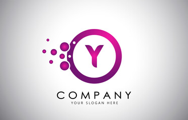 Y Letter Logo with Purple Dots, Bubble in a circle. Purple,Pink, Magenta Bubble Design Vector Illustration.