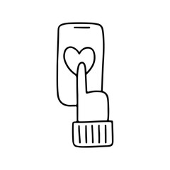 Hand drawn doodle phone with heart, love message isolated on white background. Vector outline illustration. Design for greeting card, banner, web, sticker