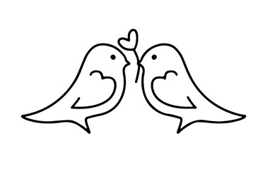 Hand drawn Valentines  day doodle birds with heart isolated on white background. Vector outline illustration. Design for greeting card, banner, web, sticker
