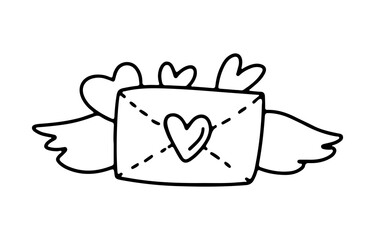 Hand drawn Valentines  day doodle envelope with love message, wings, hearts  isolated on white background. Vector outline illustration. Design for greeting card, banner, web, sticker