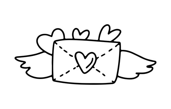 Hand drawn Valentines  day doodle envelope with love message, wings, hearts  isolated on white background. Vector outline illustration. Design for greeting card, banner, web, sticker