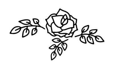 Hand drawn rose flower with leaves in doodle style isolated on white background. Vector outline illustration. Design for greeting card, tattoo, banner, web, sticker, coloring book, Valentines day