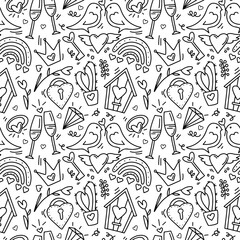 Valentine's day doodle seamless pattern with heart, bird, lock, cactus, crown, ring, birdhouse, rainbow, gemstone, glasses, branch. Romantic background for holiday card, gift wrapping paper, wallpaper