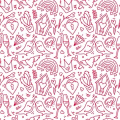 Valentine's day doodle seamless pattern with heart, bird, lock, cactus, crown, ring, birdhouse, rainbow, gemstone, glasses, branch. Romantic background for holiday card, gift wrapping paper, wallpaper