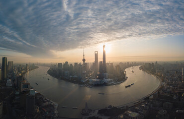 Aerial view of the sunrise in Lujiazui, the financial district in Shanghai, China.