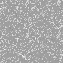 Fototapeta premium Easter cute doodle seamless pattern with heart, bird, eggs, rabbit, tulip, branch isolated on gray background. Vector illustration. Romantic backdrop for holiday card, gift wrapping paper, wallpaper