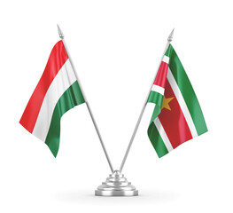 Suriname and Hungary table flags isolated on white 3D rendering