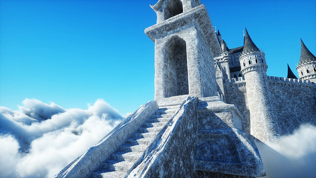 Fairytale palace in clouds. Aerial view. Overclouds. 3d rendering