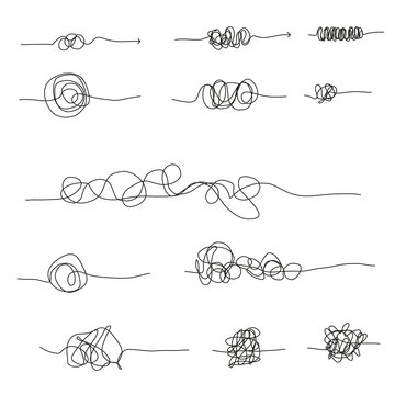 Set of random chaotic lines. Hand drawing insane tangled scribble clew. Vector icon isolated on white background. Editable stroke.