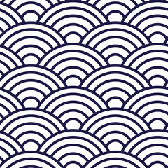 Oriental wave pattern from Japan in blue. Seamless classic japanese kimono pattern, round pattern with shell or fish scales motifs. Asian or chinese abstract ornament. For wrapping or textile design