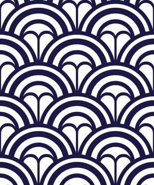 Oriental wave pattern from Japan in blue. Seamless classic japanese kimono pattern, round pattern with shell or fish scales motifs. Asian or chinese abstract ornament. For wrapping or textile design