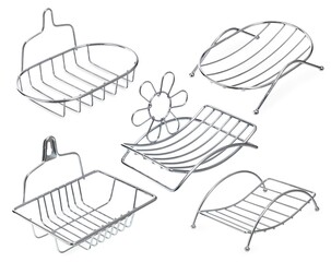 Empty metal soap dish isolated on white background. Set soap dish without soap.