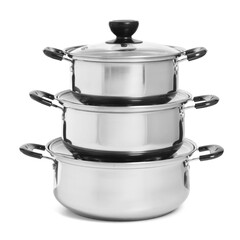 Set metal saucepan with closed lid. Рan isolated on white background