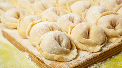 Meat Russian dumplings on a cutting board . The method of cooking the dumplings. Russian dumplings with meat. homemade ravioli. photo