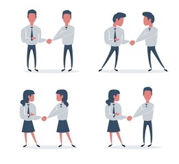 Businessman and businesswoman are shaking hands. Vector flat design illustration.