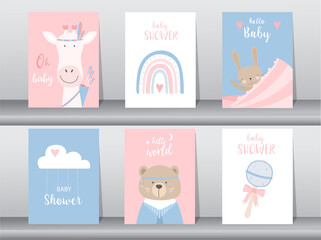 Fototapeta na wymiar Set of baby shower invitation cards,poster,template,greeting,cute,animal,Vector illustrations