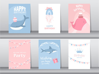Fototapeta na wymiar Set of birthday cards with cute animal,poster,template,greeting card,cake,Vector illustrations