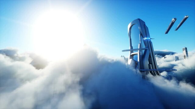 Futuristic sci fi city in clouds. Utopia. concept of the future. Flying passenger transport. Aerial fantastic view. Realistic 4k animation.
