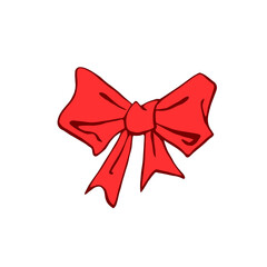 Vector red ribbon bow. Hand drawn simple illustration for Easter xmas birthday, Valentines Day, wedding, holiday, gift, girl, baby. Element of design, clip art