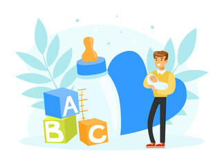 Young Man Parent Holding Baby in Arms Nursing Vector Illustration