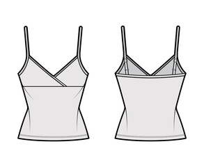 Camisole surplice tank cotton-jersey top technical fashion illustration with empire seam, thin adjustable straps, slim fit. Flat outwear template front, back, grey color. Women men CAD mockup