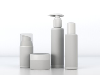 Set of beauty white hygiene containers in bright studio. 3d rendering