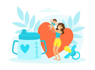 Young Woman Nursing Playing with Baby Vector Illustration