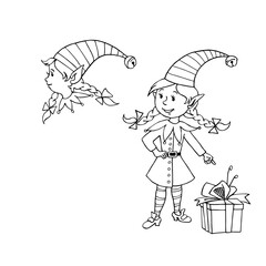 Cute little Christmas Elf girl. Vector hand drawn outline Cartoon character. Simple illustration for New year and xmas design, greeting cards, calendars, prints, childrens coloring book