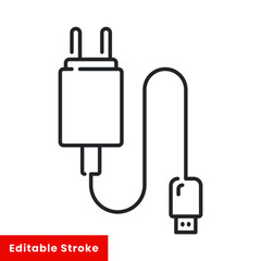 Obraz premium USB mobile charger icon, line style. A tool used specifically to charge the battery on the smartphone. Vector illustration. Design on white background. Editable stroke EPS 10