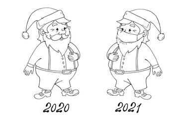 Santa Claus before and now the COVID-19 coronavirus. Merry Christmas and happy New year in quarantine, pandemic. Skeptical Pandemic Greeting Card, Black Humor Concept
