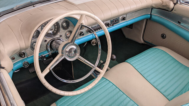 Ford Thunderbird Convertible classic car blue white interior and dashboard