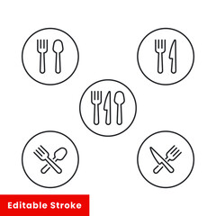 Fork spoon and knife icon set, silverware line sign on white background - editable stroke vector illustration eps10