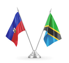 Tanzania and Haiti table flags isolated on white 3D rendering